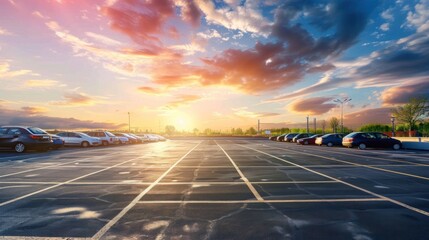 Fototapeta premium A parking lot with a beautiful sunset in the background