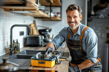 Male plumber with a toolbox and wearing overalls, smiling as he fixes a sink pipe in a kitchen.