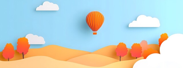 A paper-cut style depiction of an orange hot air balloon floating over rolling hills, with trees and clouds in the sky