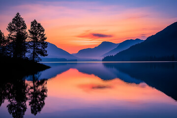 Fototapeta premium Peaceful sunset over a calm lake with reflections of trees and mountains