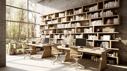 Modern interior of a cabinet combined with a library