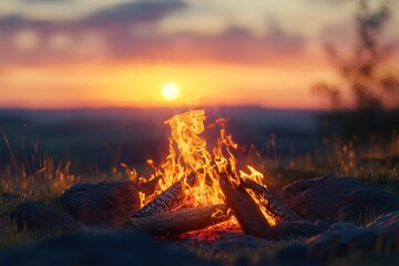 Fototapeta premium Cozy campfire with glowing flames at sunset in nature