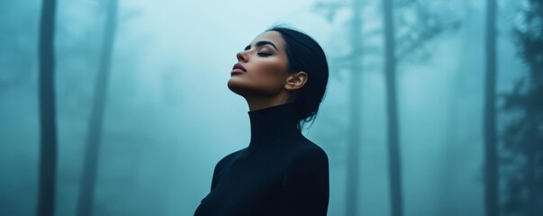 Enigmatic Scorpio woman in a misty forest, representing mystery and intuition