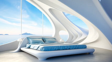 Futuristic interior design of modern bedroom with sea view