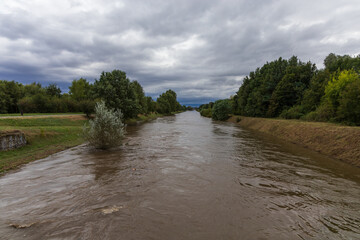 River Svratka and Svitava in the city of Brno, Czech Republic. Diluted water during the rainy season.