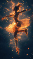 Naklejka premium A graceful ballerina dances in a cosmic scene filled with shimmering light and ethereal colors