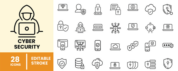 illustration of a set of icons of Cyber Security editable stroke outline, Data Protection, secure, spam, password, security, password, etc