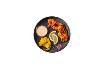 Boiled tiger prawns with white sauce and lemon