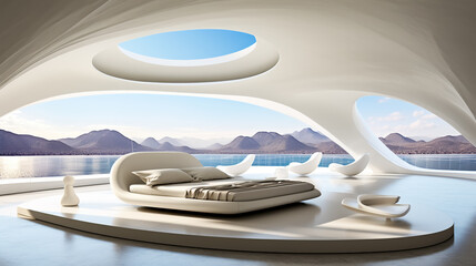 Futuristic design of a relaxation area with a bed on a terrace overlooking a mountain lake