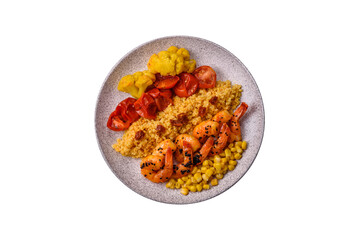 Boiled tiger shrimps with porridge, tomatoes and corn