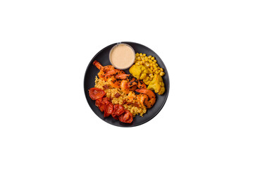 Boiled tiger shrimps with porridge, tomatoes and corn