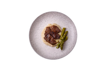 Juicy beef or pork cut into slices with boiled asparagus