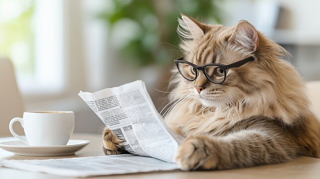 Fluffy cat wearing glasses reading a newspaper with coffee on table