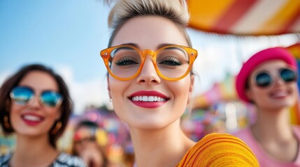 Fun-loving Gemini woman with friends at a carnival, capturing her social and playful personality