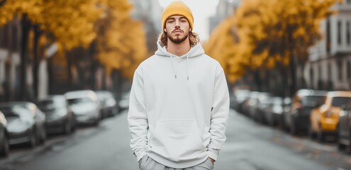 young man in white hoodie and yellow beanie walking on autumn city street