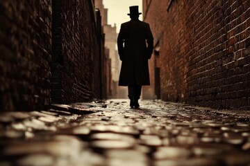 Mysterious silhouette of man in top hat walking through dark narrow alley