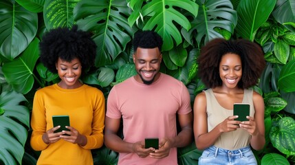 Happy diverse friends using smartphones against a tropical leafy green background