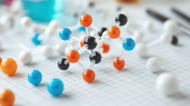Colorful molecular model showcasing atoms and bonds on a grid background, symbolizing scientific exploration and chemistry.