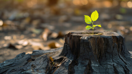 Tranquil Growth: Captivating Sapling on Weathered Stump