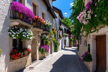 Fototapeta premium A quaint European street, with old buildings, balconies, and flower boxes lining the windows
