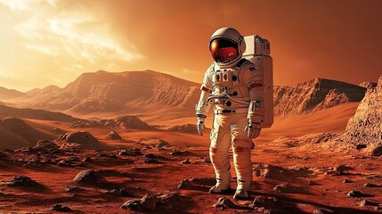 Astronaut amidst Mars' rugged landscape