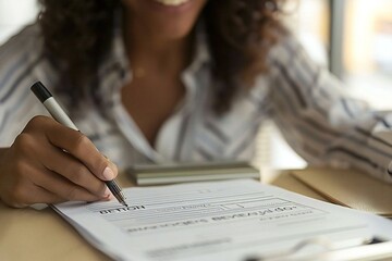 - Beautiful person smiling and wearing eyeglasses while filling out social security benefits form.