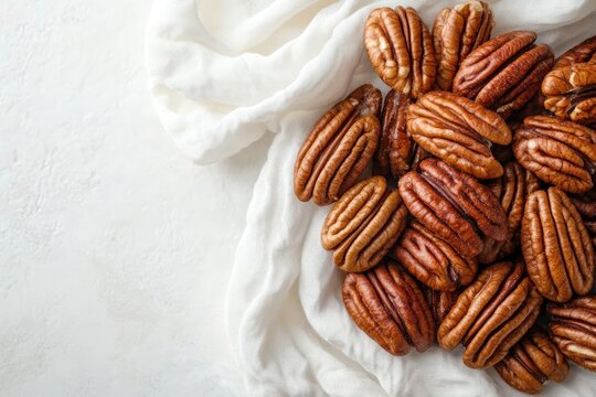 A pile of pecan nuts on a white fabric on a white background.