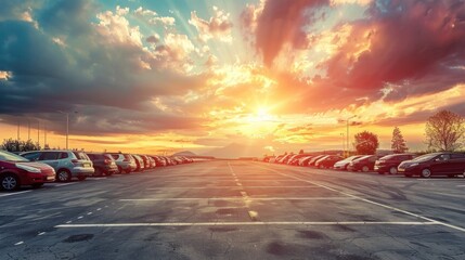 Fototapeta premium A parking lot with a beautiful sunset in the background