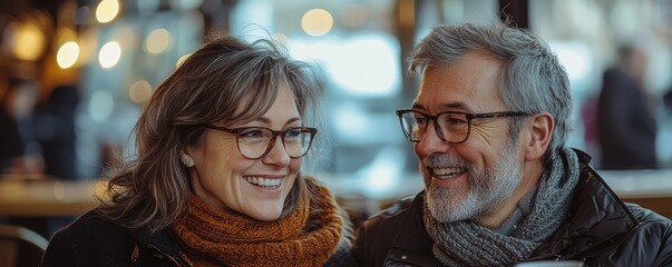 Happy middle-aged couple enjoying coffee at a cozy cafe on a bright day, sharing joyful moments and laughter together