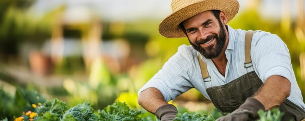 Resourceful Virgo man in a vegetable garden, showcasing his practical skills and care for detail