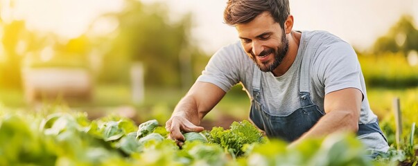 Resourceful Virgo man in a vegetable garden, showcasing his practical skills and care for detail