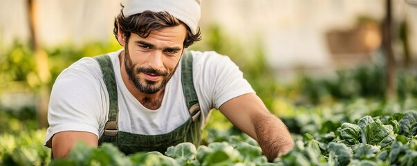 Resourceful Virgo man in a vegetable garden, showcasing his practical skills and care for detail