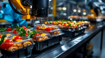 Robotic Arm Packaging Food in Plastic Containers on Conveyor Belt