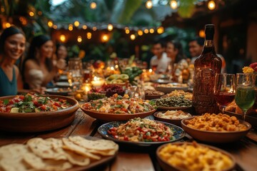 festive mexican family gathering around vibrant table traditional dishes and decorations warm lighting enhancing convivial atmosphere