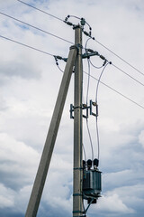 Three phase transformer attached to the power line pole 380 volts