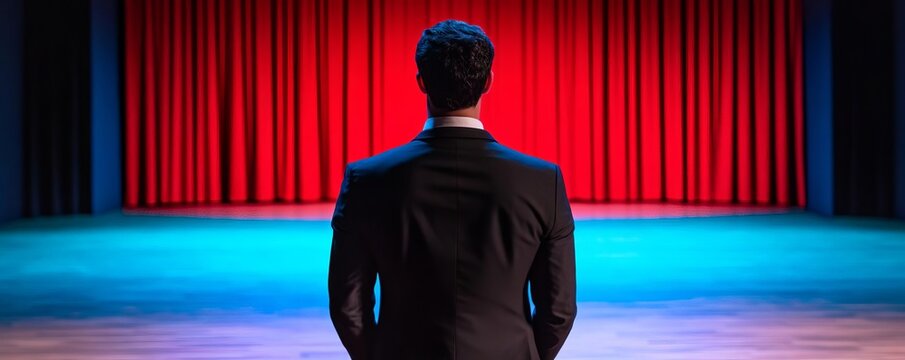 Sociable Gemini man on a stage, symbolizing communication and charisma