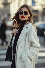 Obraz premium A fashionable young woman with sunglasses and striking red lips strolls through a busy urban area. She wears a chic white coat and carries a handbag, exuding confidence