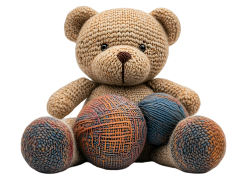 a teddy bear with balls of yarn. 