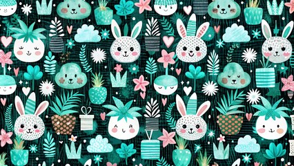 A whimsical pattern with bunny rabbits, pineapple plants, and other cute objects on a dark teal background.
