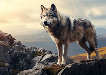 Fototapeta premium Majestic grey wolf standing on a peak