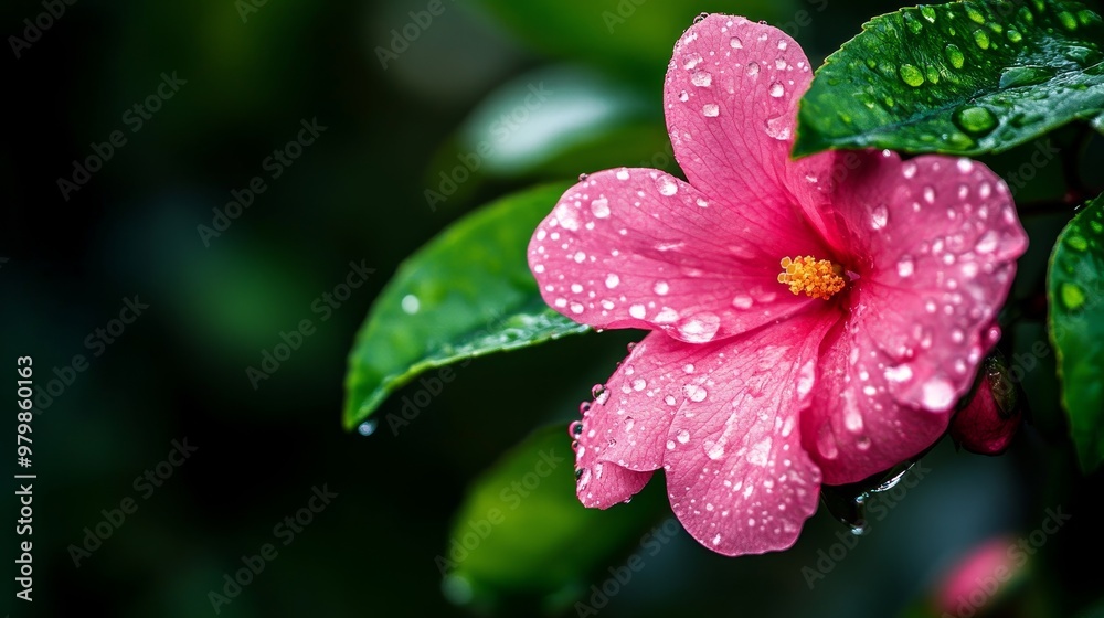 Wall mural A close-up photograph of a delicate pink flower blossom covered in sparkling dew drops, symbolizing beauty, freshness, new beginnings, nature's artistry, and the ephemeral nature of life.