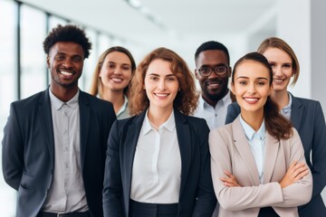 Fototapeta premium A diverse group of six colleagues stand together, smiling warmly in a well-lit contemporary office environment with large windows and a bright atmosphere