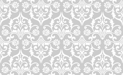 Floral geometric seamless pattern. Gray and white ornament. Fabric for ornament, wallpaper, packaging, vector background.