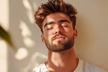 Obraz premium Young man with eyes closed basking in warm light symbolizing inner peace mindfulness and the radiant flow of mental energy in a moment of tranquility and personal reflection