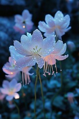 Delicate pink flower blossoms with dew drops in tranquil natural environment at night