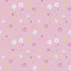 Cute pink pattern with tiny hearts and flowers