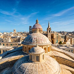 Fototapeta premium Domes of the collegiate church of st. Lawrence under blue sky in birgu, malta