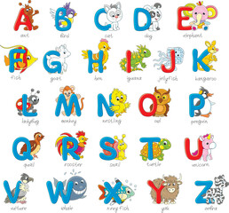 Fototapeta premium English alphabet and dropped capitals with funny toy animals, a set of vector cartoon illustrations on a white background