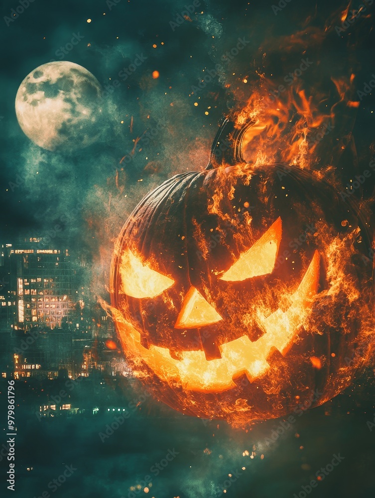 Poster A fiery jack-o'-lantern floats in the night sky, illuminated by a full moon. The image symbolizes Halloween, spooky season, the cycle of life and death, and the power of transformation.