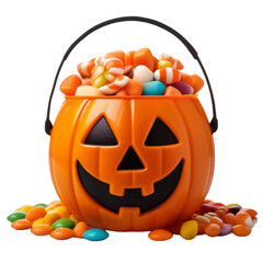 Balde de doces em formato de ab&oacute;bora halloween com doces em volta sem fundo